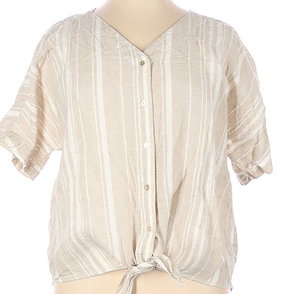 Ellen Tracy Linen Tan Striped Short Sleeve Blouse 1X